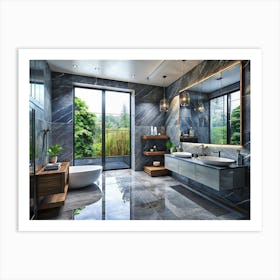 Modern Bathroom With Large Window And View Of Lush Greenery Art Print