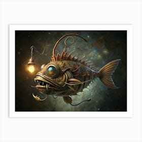 A Steampunk Style Anglerfish With A Light Bulb And Clockwork Gears, Against A Cosmic Background Art Print