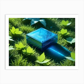 A Blue, Glass Jar Of Cream Or Lotion Sitting In A Bed Of Green Grass With Green Leaves Scattered Around It Art Print