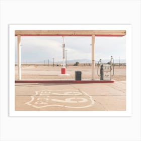 Route 66, USA I Retro vintage gas station in California Mojave Desert with sunny pastel aesthetic photography at the legendary Roy's Motel Cafe in the American countryside with its analog film ambience vibes Art Print