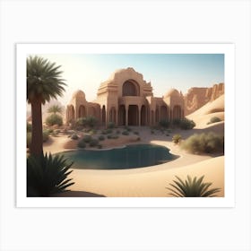 Stone Buildings Around An Oasis In The Desert Art Print