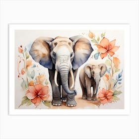 Elephants and Baby Floral Art Print