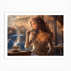 Beautiful Woman Drinking Coffee in Paris Art Print