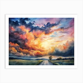 A Dramatic Sunset With Vivid Clouds And A Road Di (1) Art Print