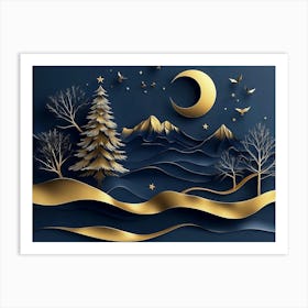 3d Modern Landscape Painting With Dark Blue and Golden Wave Art Print