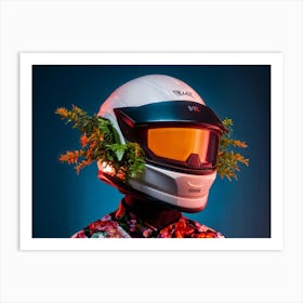 Futuristic Helmet Aglow With A Vibrant Plant Adorns A Portrait Subject Bright Orange Vs Dark Back Art Print