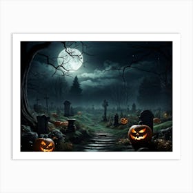 Art Landscape Pumpkin Holiday Design Halloween Fear Moon Skittish Green Grave Dark Scene (36) Art Print