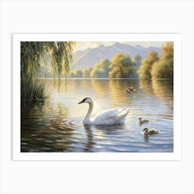 Cygnet Swimming Beside A Mother Duck On A Serene Lake Glossy Feathers Reflecting The Soft Ripples A Art Print