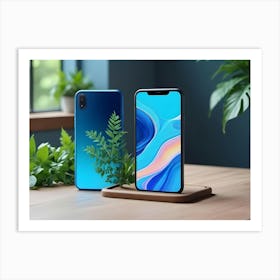 Two Smartphones, One With A Blue Back And The Other With A Colorful Abstract Screen, Are Displayed On A Wooden Table With A Leafy Plant In The Foreground Art Print