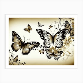 Butterflies On A Floral Background Art Print