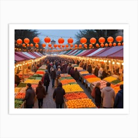 Aerial View Of A Busy Outdoor Market With People And Produce Art Print