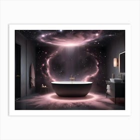 A Modern Bathroom Interior With A Black Bathtub And A Starry Sky Projection On The Ceiling, Creating A Luxurious And Relaxing Atmosphere Art Print