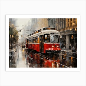 Red Trolley On The Street Art Print