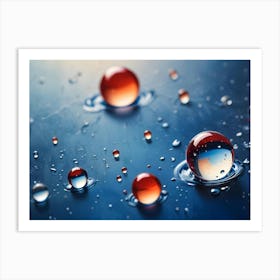 Close Up Of Water Droplets With Reflections Of Red Orbs On A Blue Background Art Print