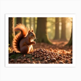 Red Squirrel Sitting On A Log Surrounded By Acorns In A Forest Art Print