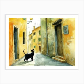 Black Cat In Livorno, Italy, Street Art Watercolour Painting 2 Art Print