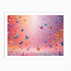 A Multitude Of Colorful Origami Birds Soar Through A Vibrant, Abstract Tunnel Of Light Art Print