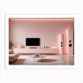 A Living Room Interior With A Pink Wall, A Pink Sofa, And A Tv Art Print