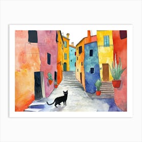 Black Cat In Sassari, Italy, Street Art Watercolour Painting 1 Art Print