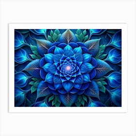 Blue Flower With Spiraling Petals And Green Leaves Art Print