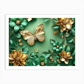 3d Abstract Floral Background with Green Flowers and Golden Butterfly Art Print