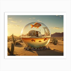 Elephant Sized Goldfish Swimming Within A Colossal Fishbowl In A Desolate Desert Landscape Towering Art Print