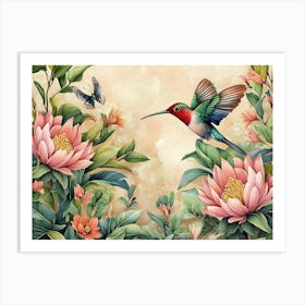 Hummingbird And Flowers 1 Art Print