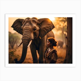 Portrait Of A Woman With An Elephant Art Print