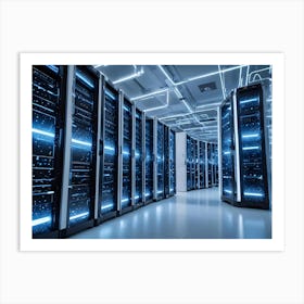 A Server Room With Rows Of Active Servers Illuminated By Blue Light Art Print