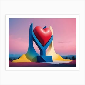 Large Sculpture Of Two Hands Holding A Heart, Sitting On Top Of A Stepped Pedestal Art Print