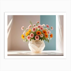 A Bouquet Of Orange And Pink Gerbera Daisies In A White, Geometric Vase Art Print