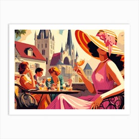 women having a drink in a cafe terrace wall art poster Art Print