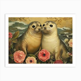 Floral Animal Illustration Elephant Seal 2 Art Print