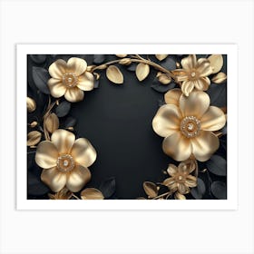 3d Artwork Background with Golden Jewelry and Flowers in Black Art Print