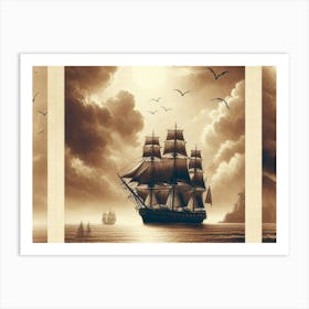 Vintage Sepia Prints Of Ocean With Ships 2 Art Print