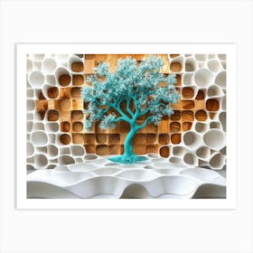 Abstract Surround A Turquoise Tree At The Center Of This Oak Wood And White Art Print