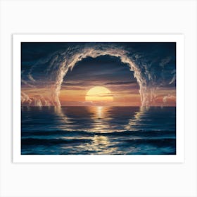 Looking Over The Ocean At A Sunset with clouds forming Portal at the Horizon Art Print