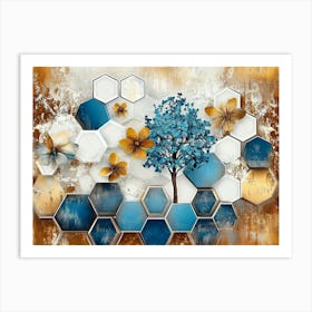 Abstract With White Lattice Tiles, Turquoise Tree and Dynamic Blue Hexagons Art Print