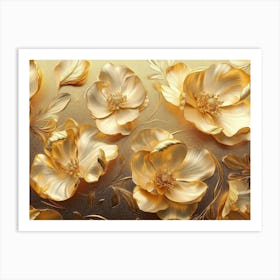 Golden Floral Background, Vintage Gold Flowers Abstract Art Print