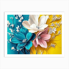 Modern Scene with Spectacular Hyper Realistic Abstract of Spring Flowers, Yellow, Blue, Teal Art Print