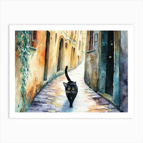 Black Cat In Turin, Italy, Street Art Watercolour Painting 3 Art Print