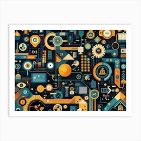 A Busy, Colorful Design With Geometric Shapes, Icons, And Abstract Elements In Yellow, Blue, And Orange On A Dark Background, Conveying A Technological Theme Art Print