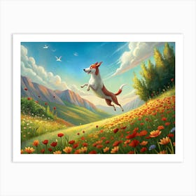 Joyful Dog Leaping Through A Field Of Flowers Art Print