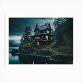 House Lit Up At Night On A Rocky Hill Next To The Beach Art Print