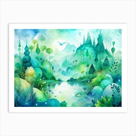 Watercolor Painting Of A Fantasy Forest Landscape With A Lake And Mountains Art Print