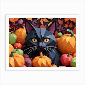 Black Cat Sitting In A Pile Of Pumpkins Low Poly Style Art Print