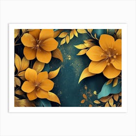 Golden Floral Art Background, Abstract Vintage Flower Design, Artwork Gold Nature Art Print