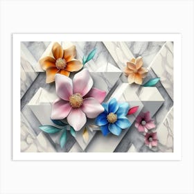 Elegant 3d Marble Texture Seamless Pattern Geometric Polygon Shape with Floral Ornament Art Print