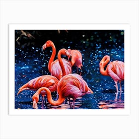 Flamingos in a Tranquil Lagoon. A serene scene of vibrant pink flamingos wading and interacting in a lush, green lagoon surrounded by dense foliage. The water reflects their elegant forms, creating a harmonious connection between nature and wildlife. 2 Art Print