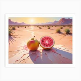 An Illustration Of A Desert Landscape With An Apple And A Cut Grapefruit Art Print